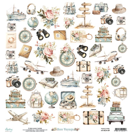 Väljalõigete leht- Bon Voyage boonusleht - 30,5x30,5cm, 250gsm, Mintay