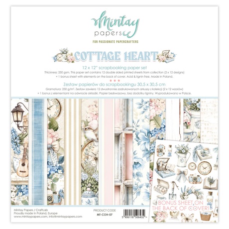 Suur disainipaberite plokk - Cottage Heart 07 - 12 lehte, 30,5x30,5cm, 250gsm, Mintay