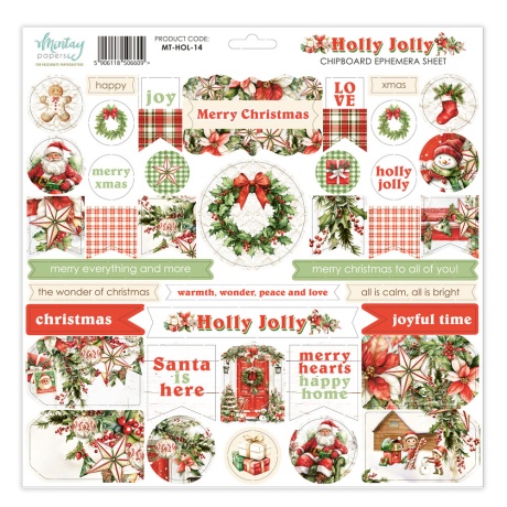 Chipboard valjaloigete leht - Holly Jolly - 30,5x30,5cm, 1,55mm, Mintay