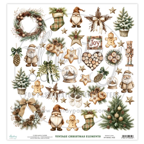 Mintay Basic -  väljalõigete leht - Elements - Rustic Christmas, 30,5x30,5cm, 250gsm, Mintay