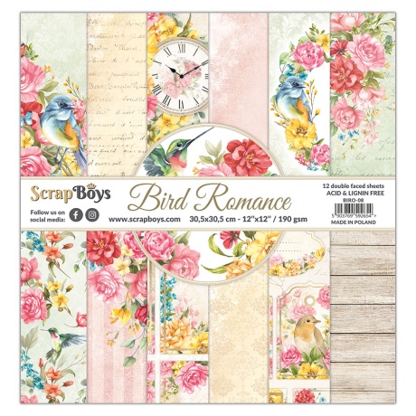 Suur paberplokk Bird Romance 30,5x30,5cm, 12 kahepoolset lehte+ boonusleht, 250gsm